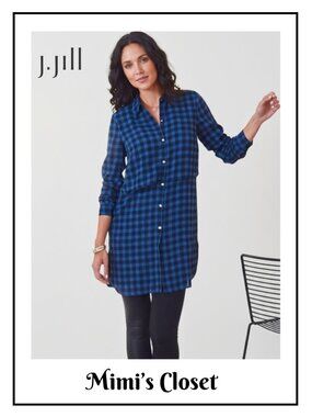 J.JILL Buffalo Check Plaid Tiered Shirt Dress/Tunic Royal Blue & Black  …